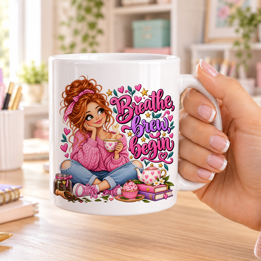 Breathe Brew Begin design – plain white ceramic mug