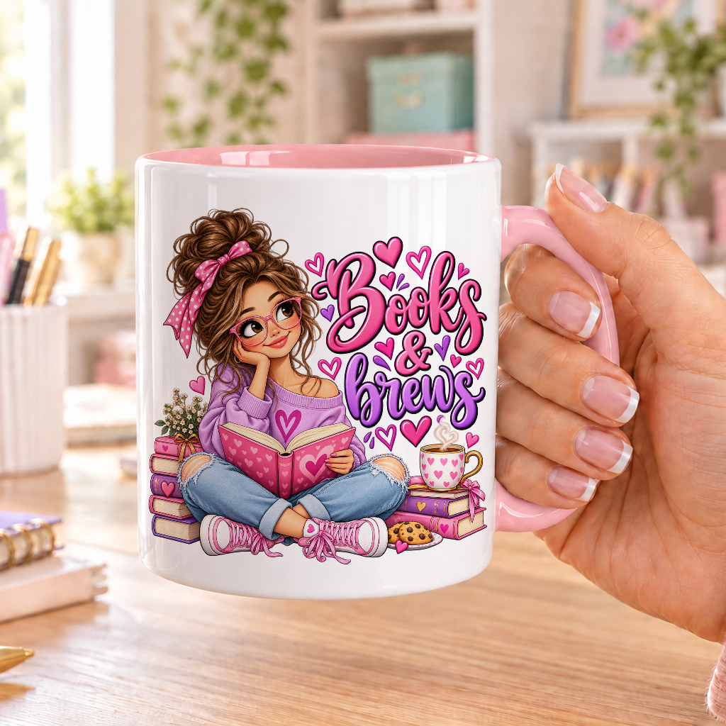 Books and Brews design – white ceramic mug with pink handle and pink inside