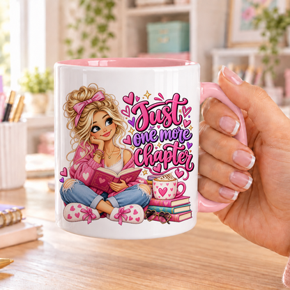 Just One More Chapter design – white ceramic mug with pink handle and pink inside