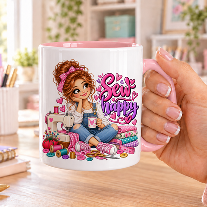 Sew Happy design – white ceramic mug with pink handle and pink inside