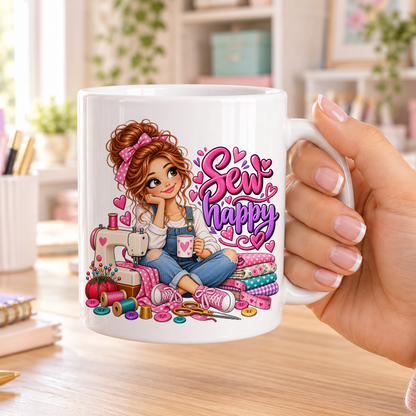 Sew Happy design – plain white ceramic mug