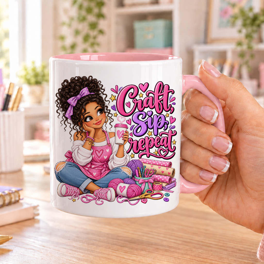 Craft Sip Repeat design – white ceramic mug with pink handle and pink inside