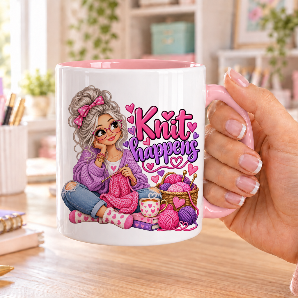Knit Happens design – white ceramic mug with pink handle and pink inside