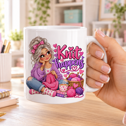 Knit Happens design – plain white ceramic mug