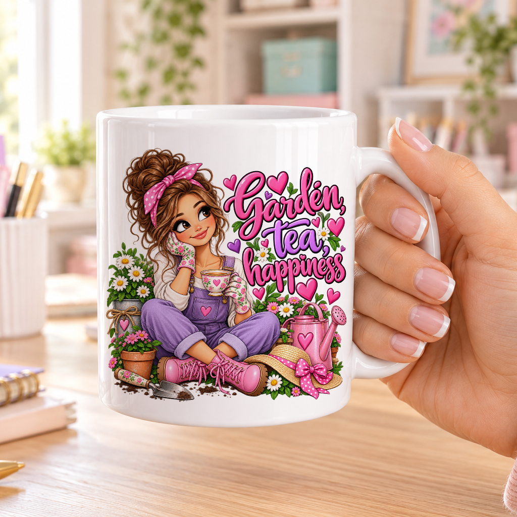 Garden Tea Happiness design – plain white ceramic mug