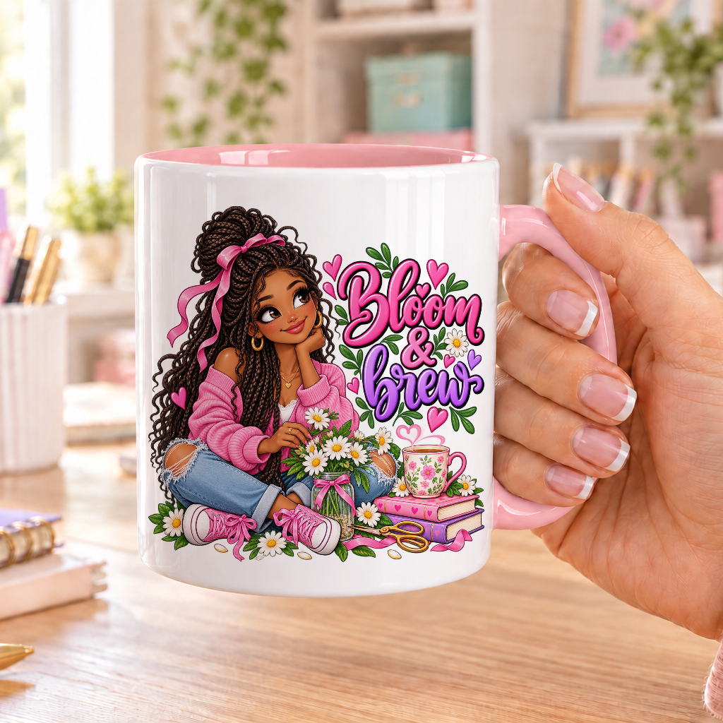 Bloom and Brew design – white ceramic mug with pink handle and pink inside