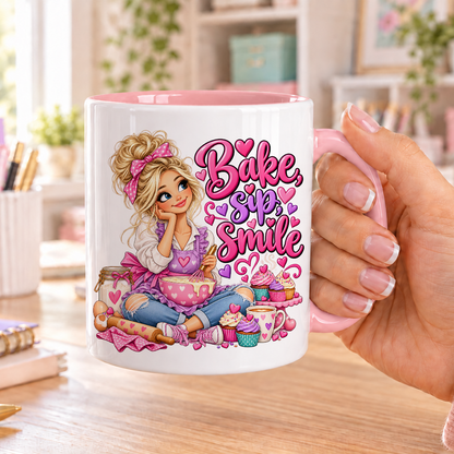 Bake Sip Smile design – white ceramic mug with pink handle and pink inside