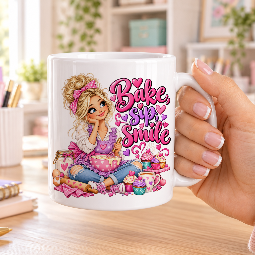 Bake Sip Smile design – plain white ceramic mug