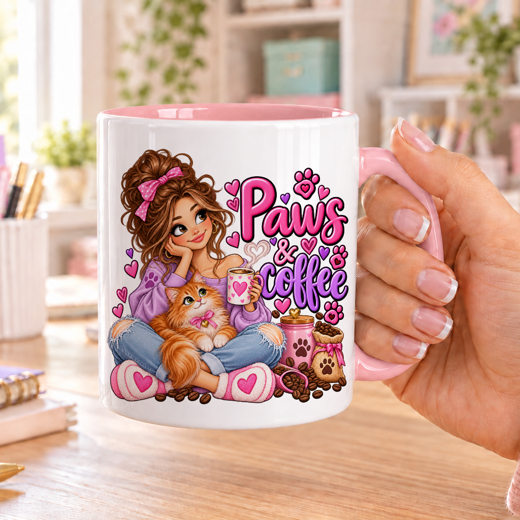 Paws and Coffee design – white ceramic mug with pink handle and pink inside