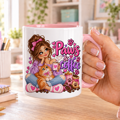 Paws and Coffee design – white ceramic mug with pink handle and pink inside