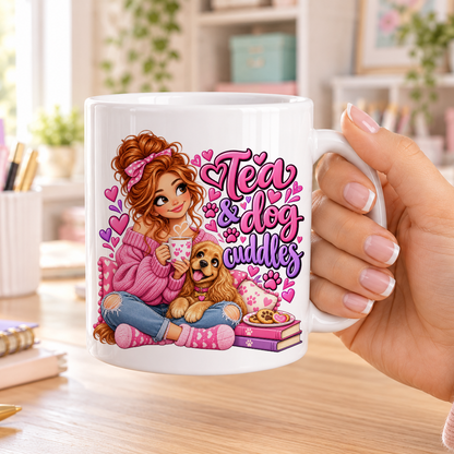 Tea and Dog Cuddles design – plain white ceramic mug