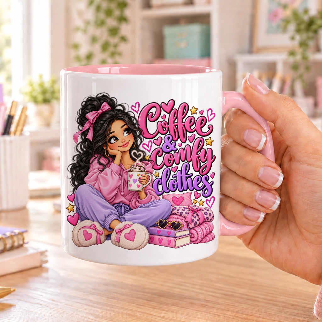 Coffee and Comfy Clothes design – white ceramic mug with pink handle and pink inside
