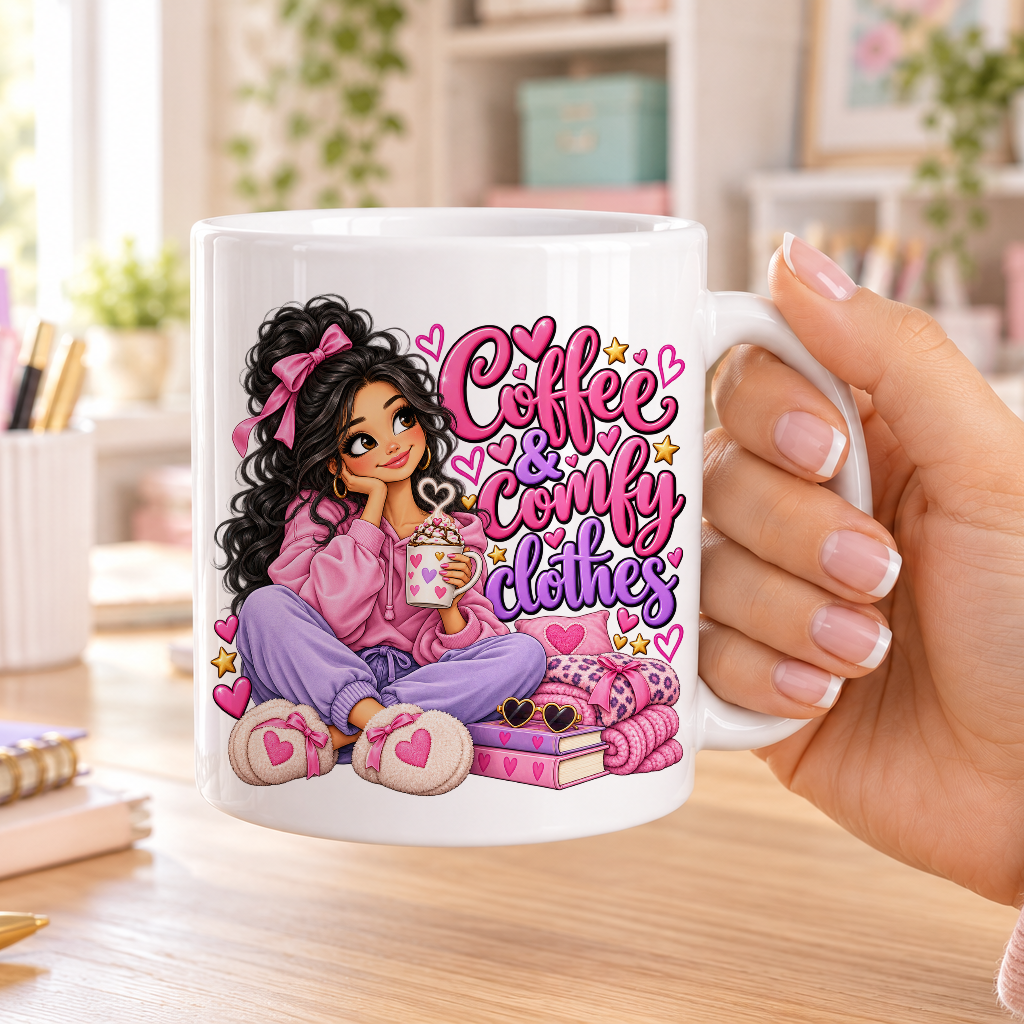 Coffee and Comfy Clothes design – plain white ceramic mug