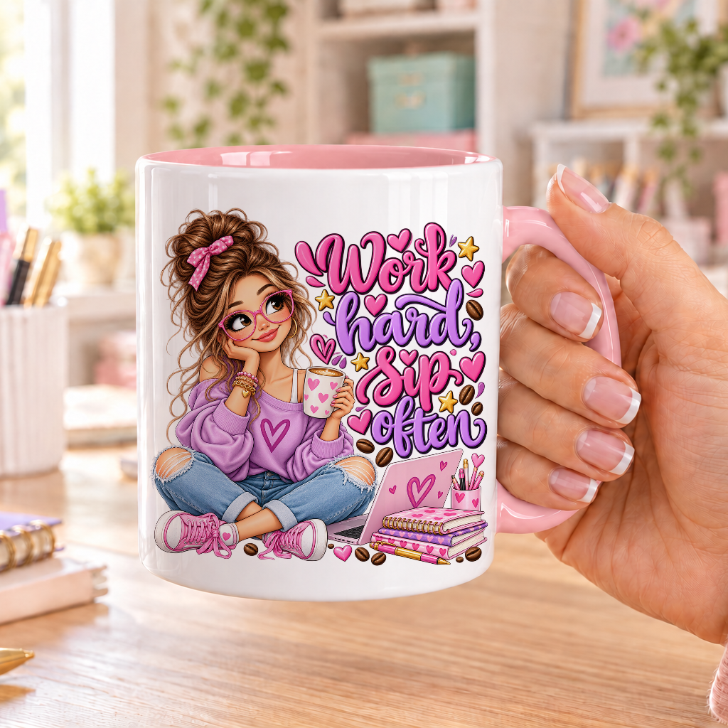 Work Hard Sip Often design – white ceramic mug with pink handle and pink inside