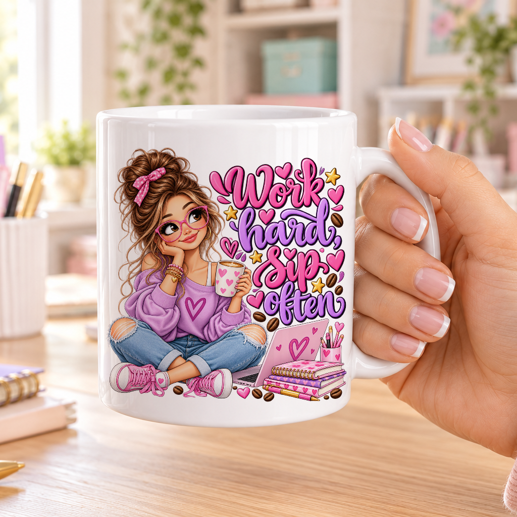 Work Hard Sip Often design – plain white ceramic mug