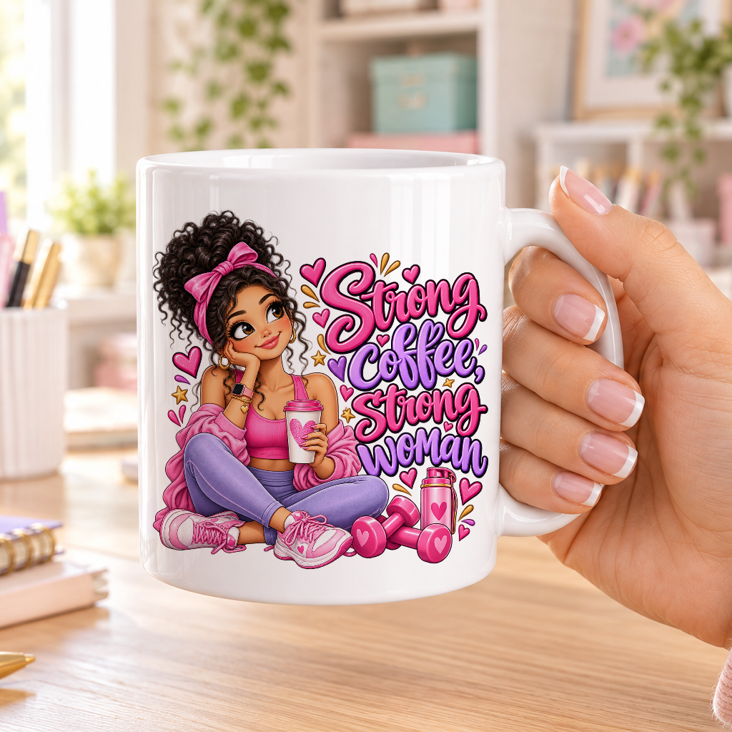 Strong Coffee Strong Woman design – plain white ceramic mug
