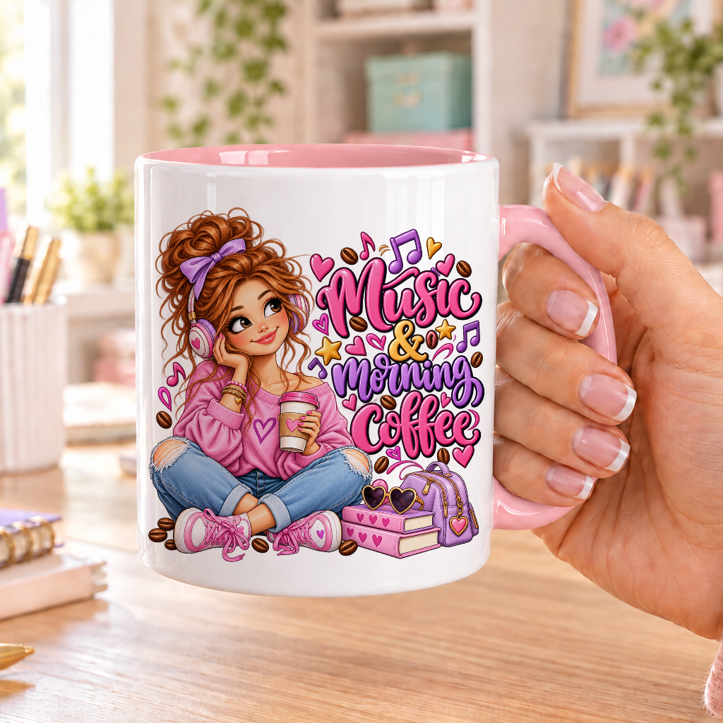 Music and Morning Coffee design – white ceramic mug with pink handle and pink inside