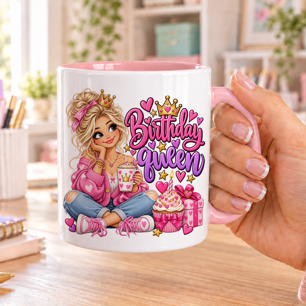 Birthday Queen design – white ceramic mug with pink handle and pink inside