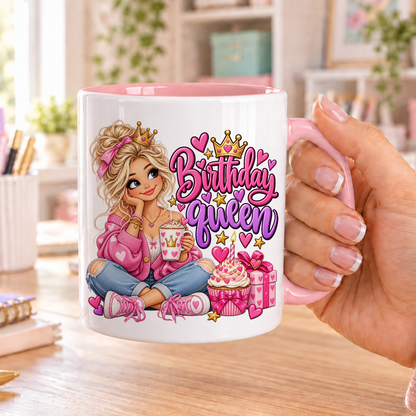 Birthday Queen design – white ceramic mug with pink handle and pink inside