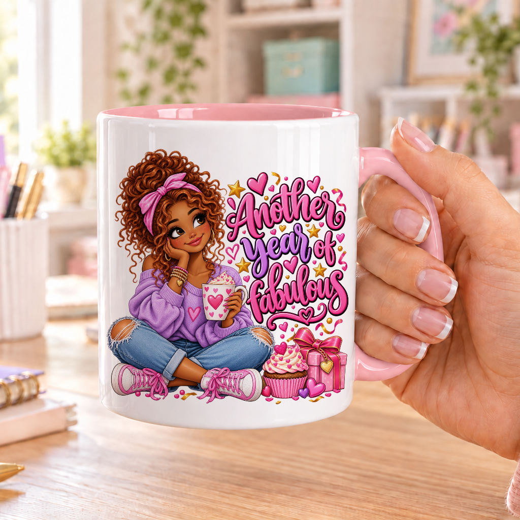 Another Year of Fabulous design – white ceramic mug with pink handle and pink inside