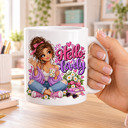 Hello Lovely design – plain white ceramic mug