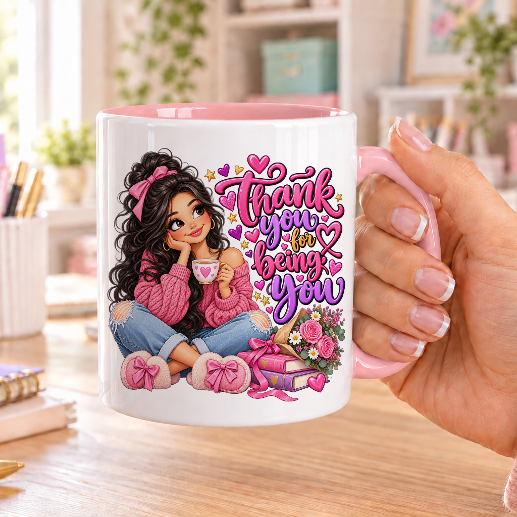 Thank you for Being you design – white ceramic mug with pink handle and pink inside