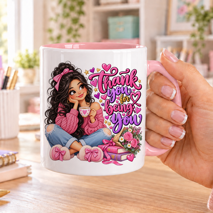 Thank you for Being you design – white ceramic mug with pink handle and pink inside