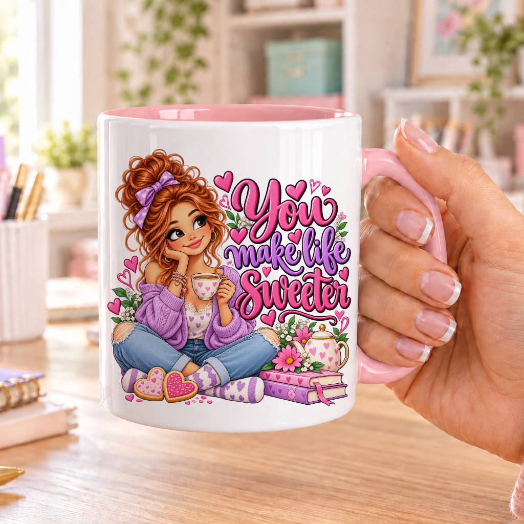 You Make Life Sweeter design – white ceramic mug with pink handle and pink inside
