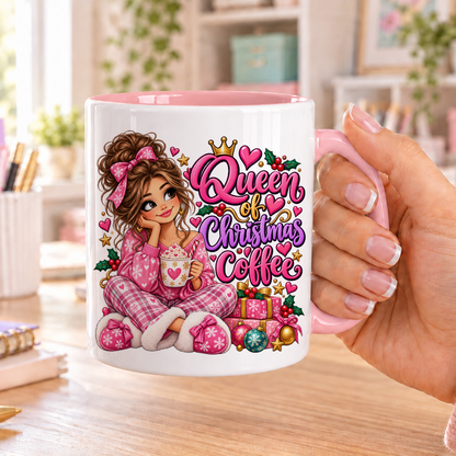 Queen of Christmas Coffee design – white ceramic mug with pink handle and pink inside