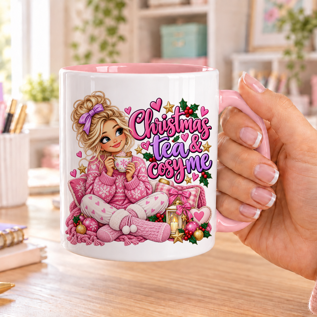 Christmas Tea and Cosy me design – white ceramic mug with pink handle and pink inside