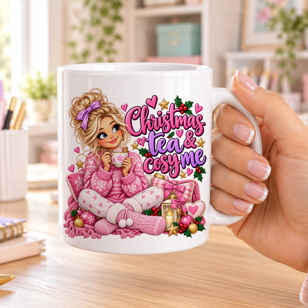 Christmas Tea and Cosy me design – plain white ceramic mug