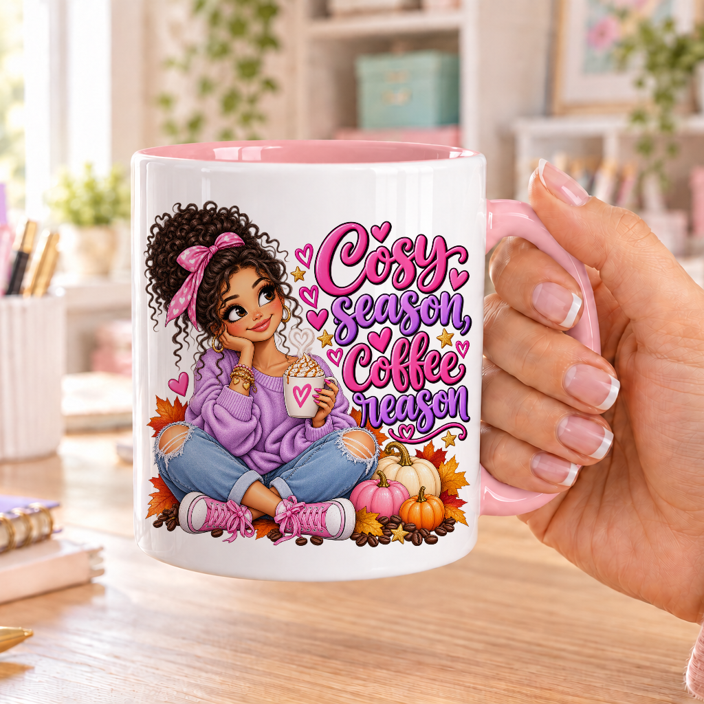 Cosy Season Coffee Reason design – white ceramic mug with pink handle and pink inside