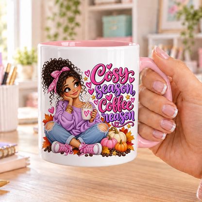 Cosy Season Coffee Reason design – white ceramic mug with pink handle and pink inside