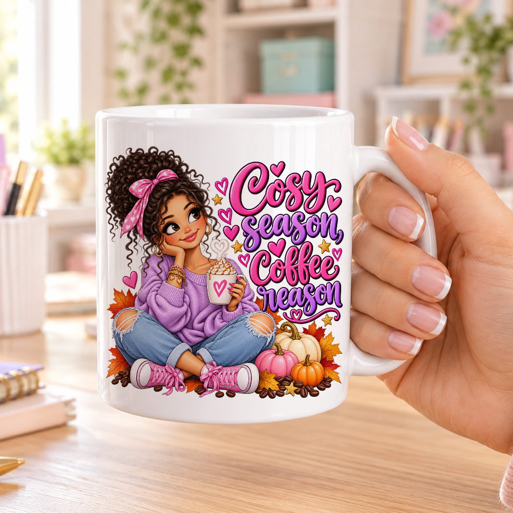 Cosy Season Coffee Reason design – plain white ceramic mug