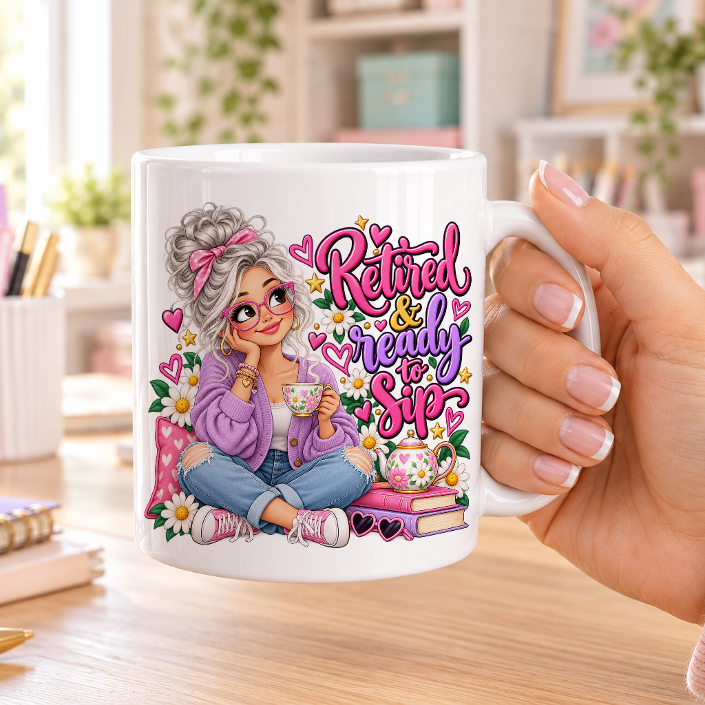Retired and Ready to Sip design – plain white ceramic mug