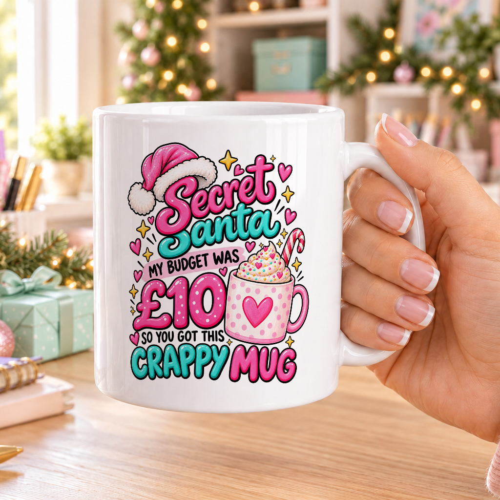 Secret Santa Crappy Mug – Pink Hot Chocolate – plain white mug