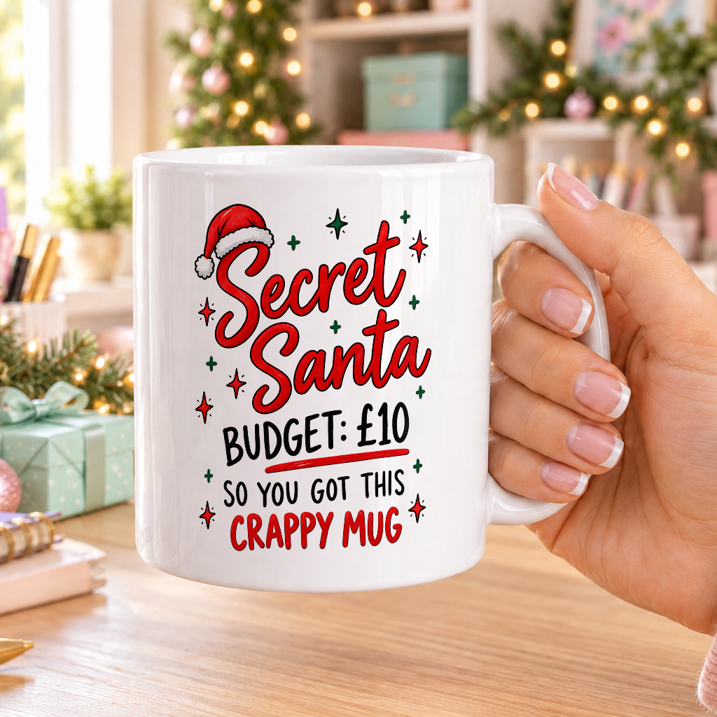Secret Santa £10 Budget Crappy Mug – Festive Lettering – plain white mug