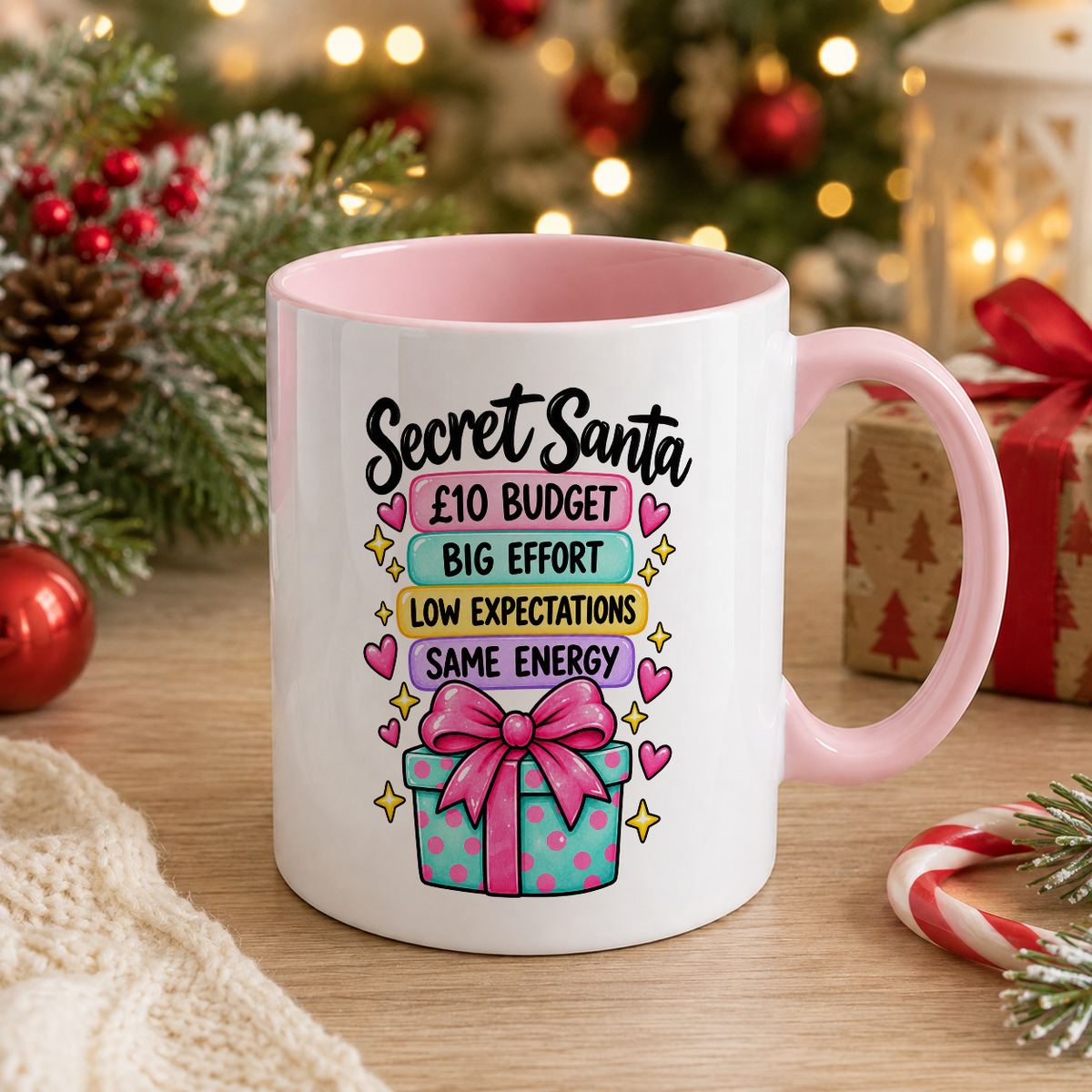 Secret Santa £10 Budget Mug – Big Effort, Low Expectations – white mug with pink handle and inside