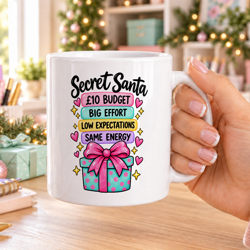 Secret Santa £10 Budget Mug – Big Effort, Low Expectations – plain white mug