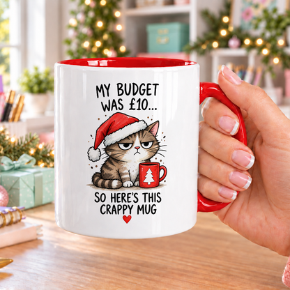 Grumpy Tabby Cat Secret Santa Mug – My Budget Was £10 – white mug with red handle and inside