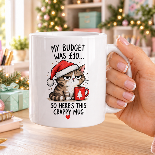 Grumpy Tabby Cat Secret Santa Mug – My Budget Was £10 – plain white mug