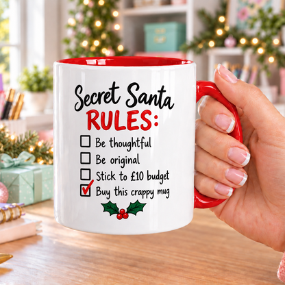 Secret Santa Rules Mug – Buy This Crappy Mug – white mug with red handle and inside