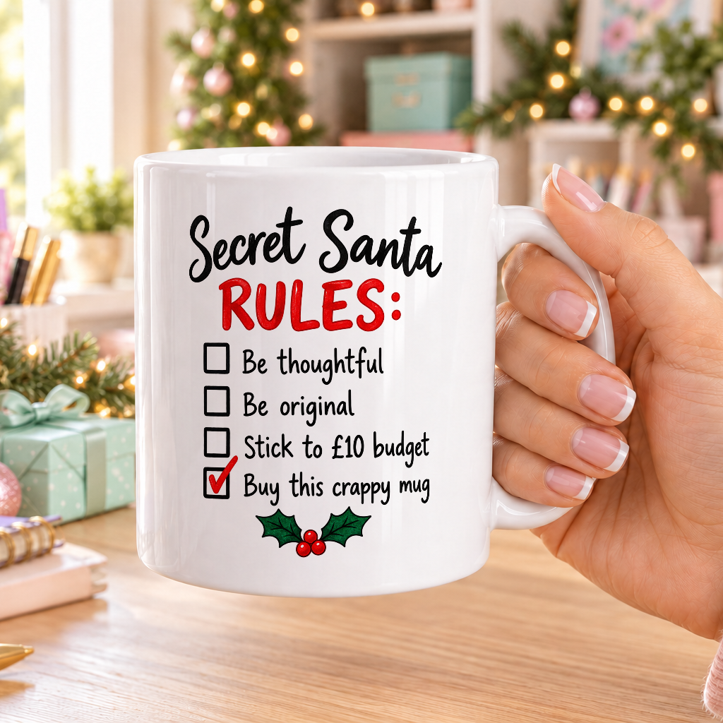 Secret Santa Rules Mug – Buy This Crappy Mug – plain white mug