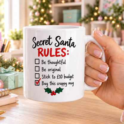 Secret Santa Rules Mug – Buy This Crappy Mug – plain white mug