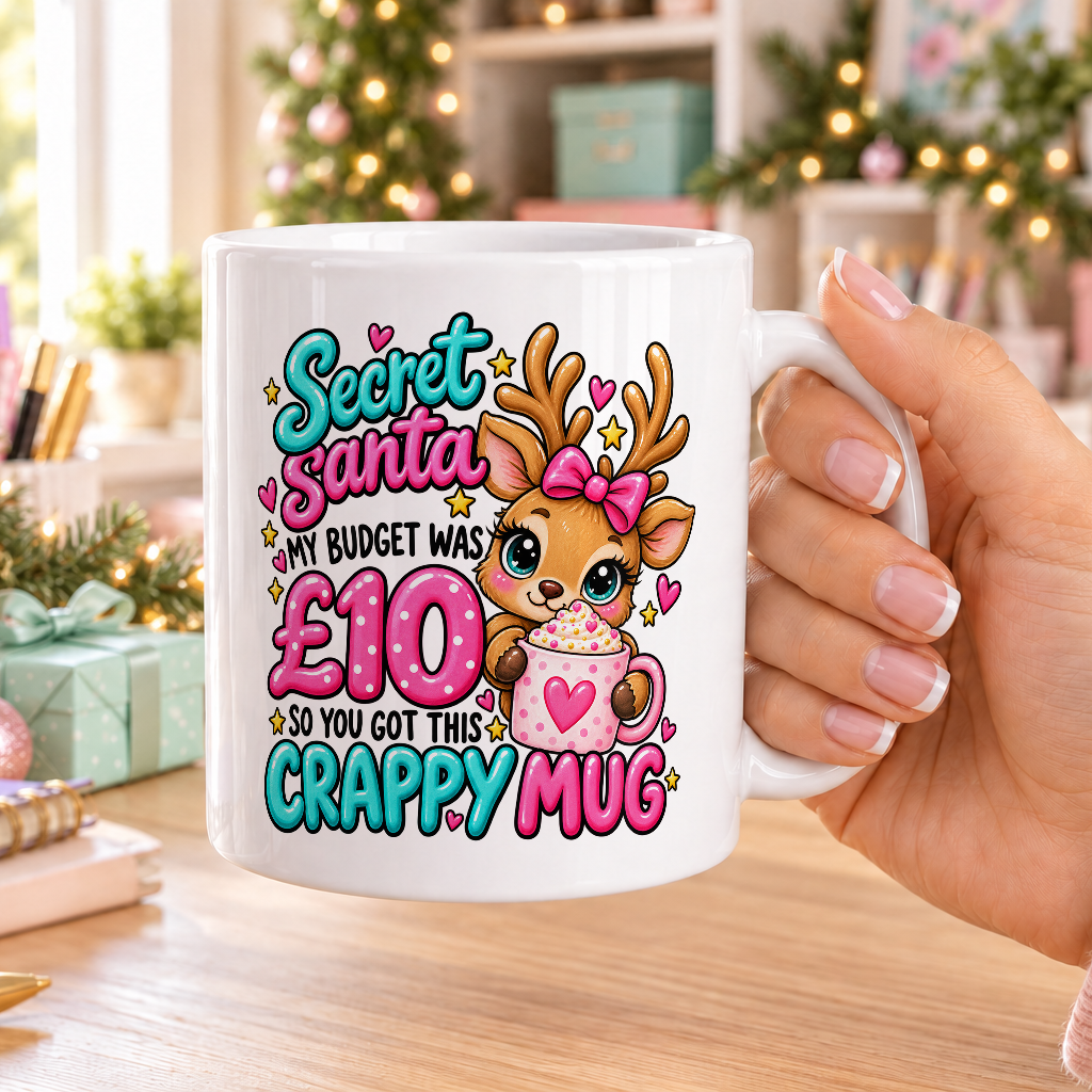 Cute Reindeer Secret Santa Crappy Mug – £10 Budget – plain white mug