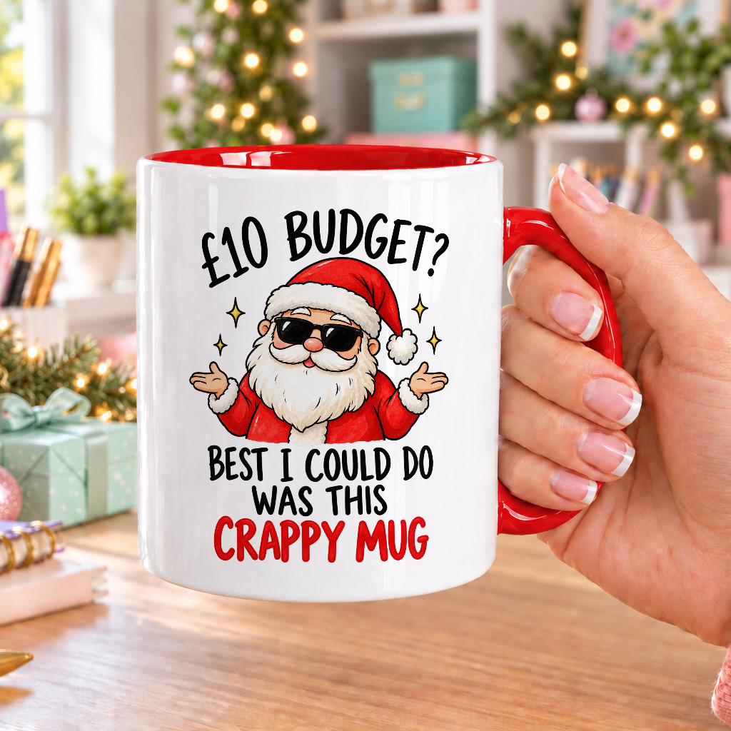 Sunglasses Santa Secret Santa Mug – £10 Budget – white mug with red handle and inside