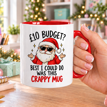 Sunglasses Santa Secret Santa Mug – £10 Budget – white mug with red handle and inside