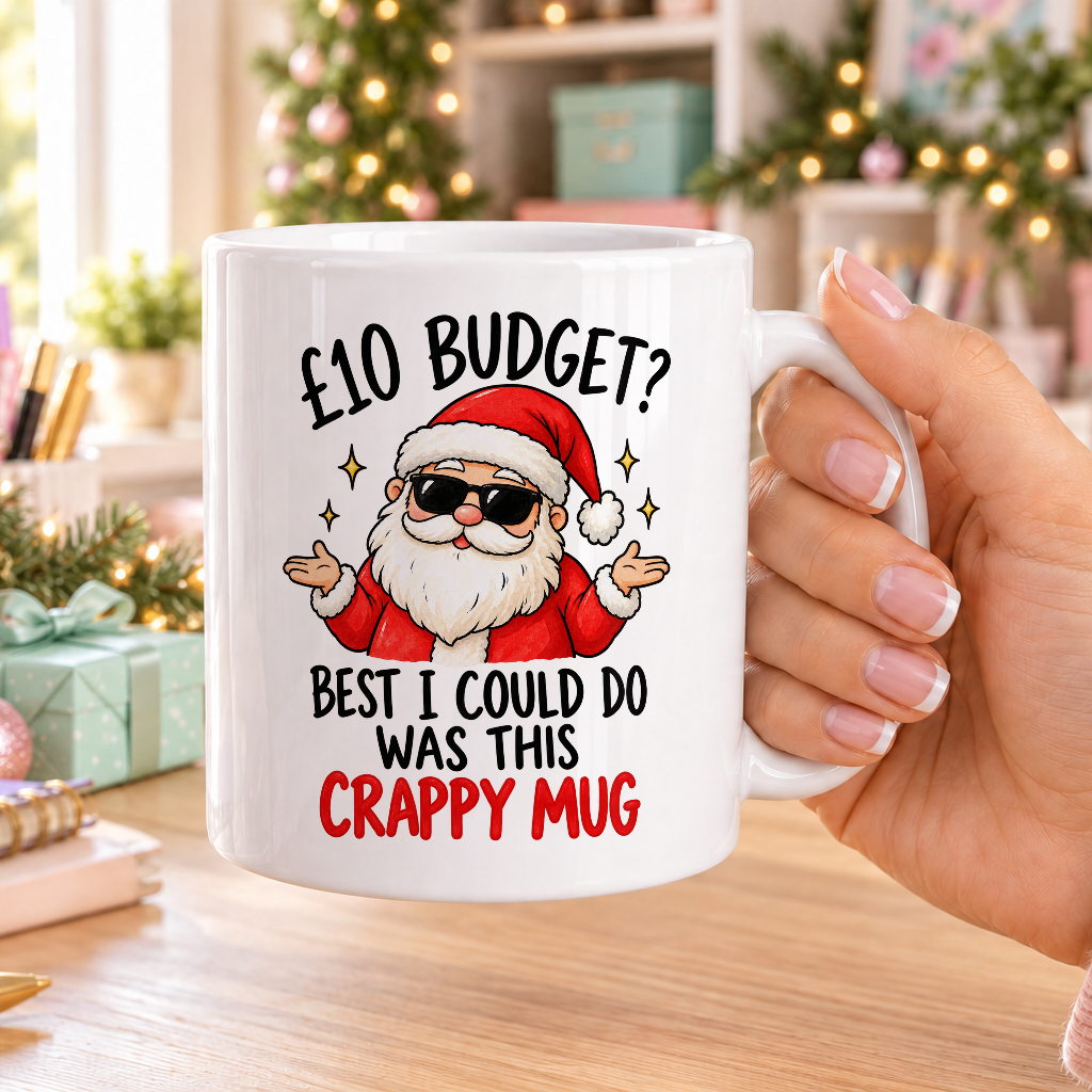 Sunglasses Santa Secret Santa Mug – £10 Budget – plain white mug