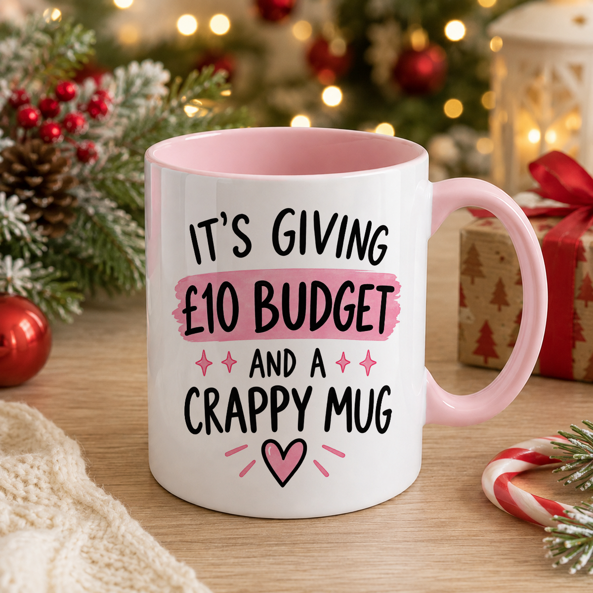 It’s Giving £10 Budget and a Crappy Mug – white mug with pink handle and inside