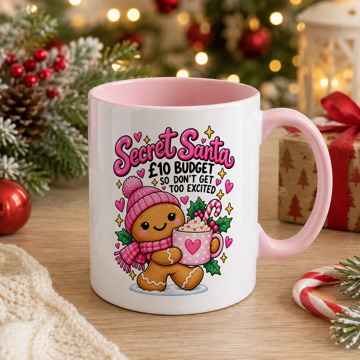 Gingerbread Secret Santa Mug – Don’t Get Too Excited – white mug with pink handle and inside